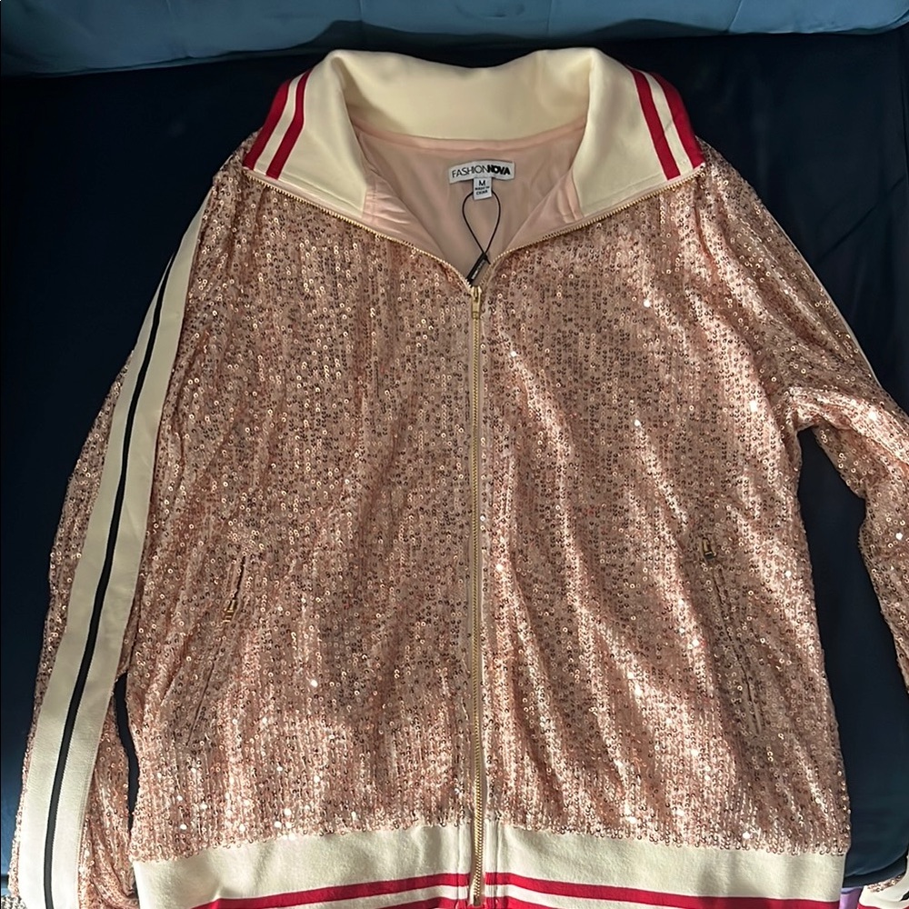 Fashion Nova Gold and Cream Bomber Jacket with Retro Glam